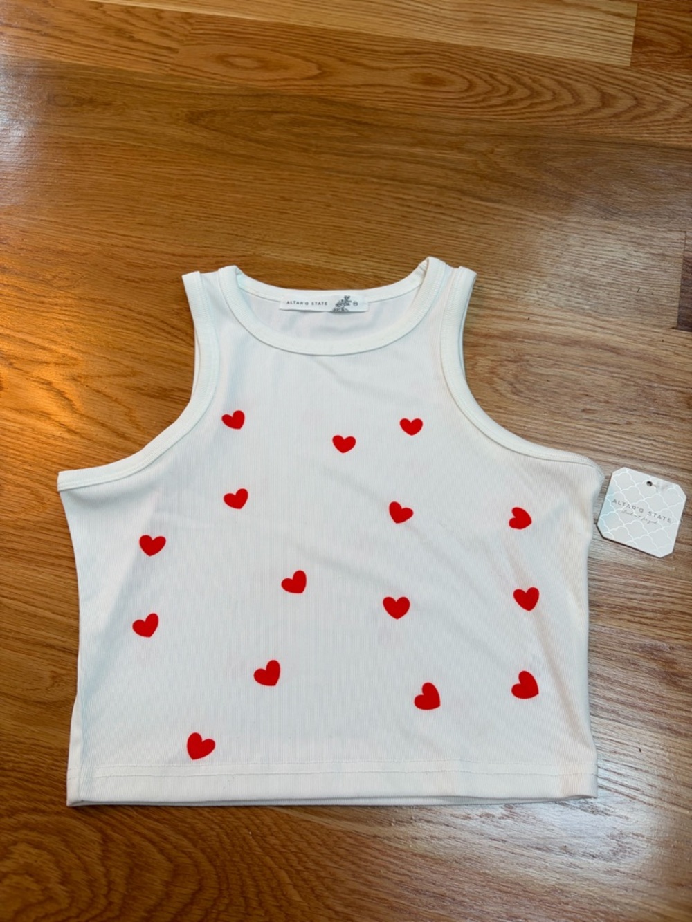 Altar'd State White Tank Top with Red Heart Print